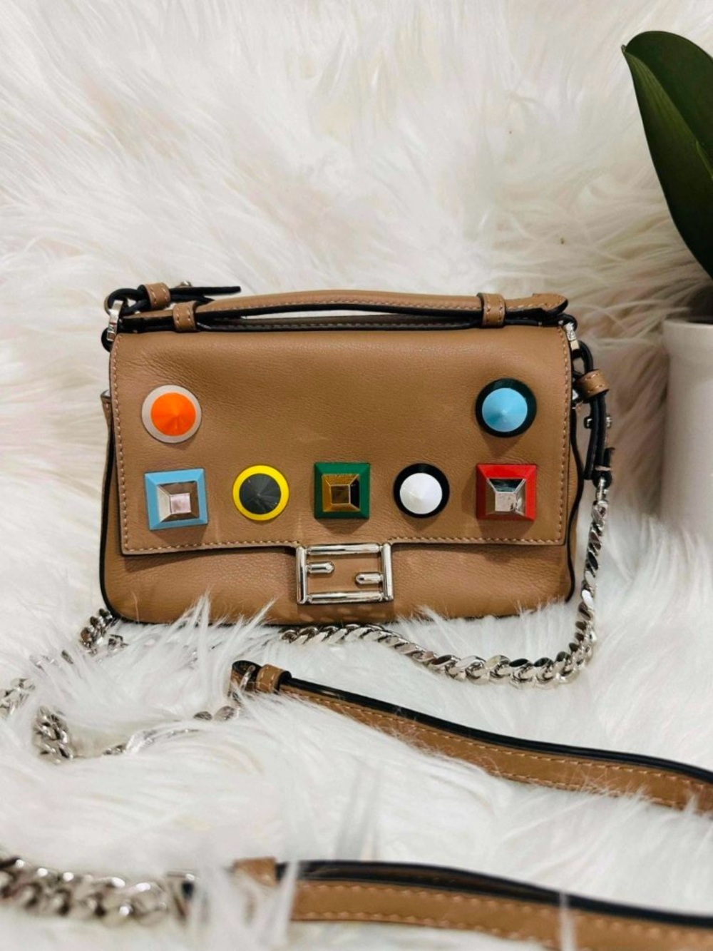 Fendi Tan Leather Crossbody with Multicolor Stud Accents